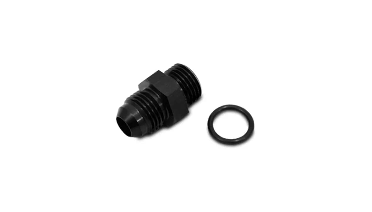 Male AN to Male ORB Straight Adapter Fitting; -12AN; -16AN ORB; 6061 Aluminum; Black Anodized; w/O-Ring;