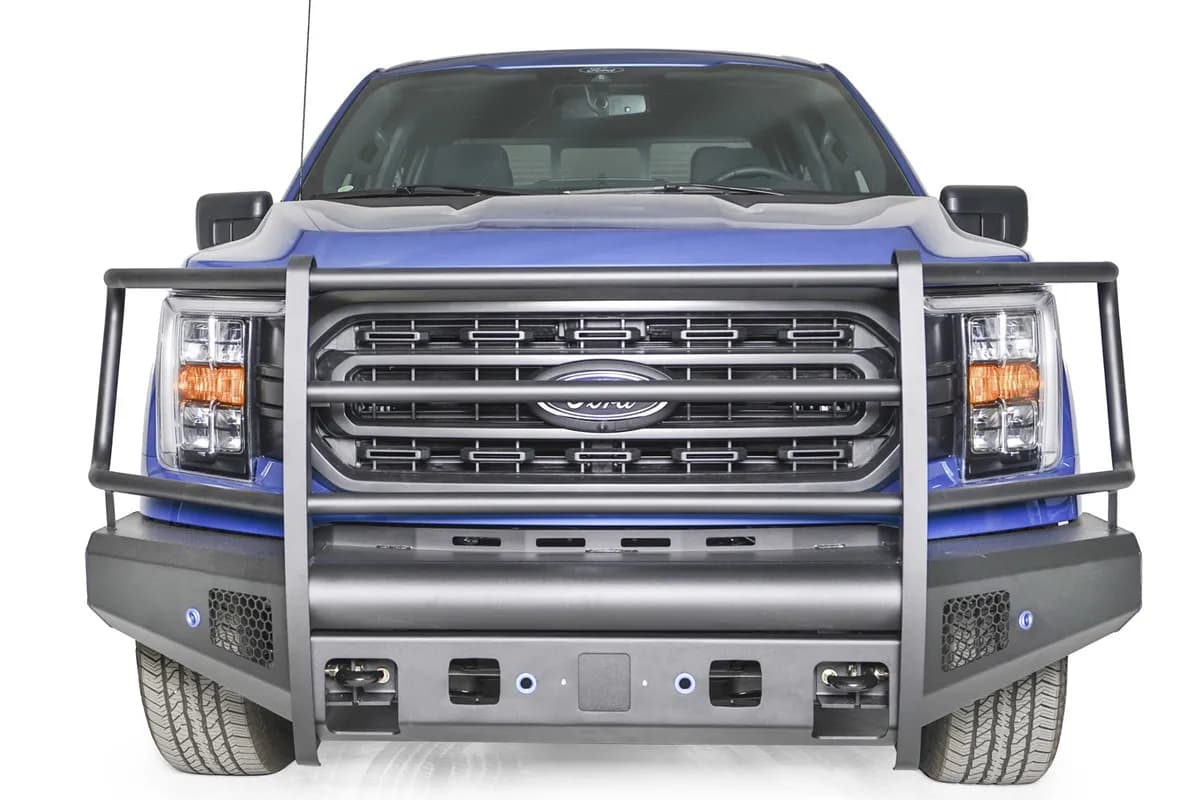 Elite Front Bumper; Full Guard; Incl. Tow Hooks; Lower Guard; 12 Gauge Steel Construction; Black Powder Coat; 194 lbs. Weight;