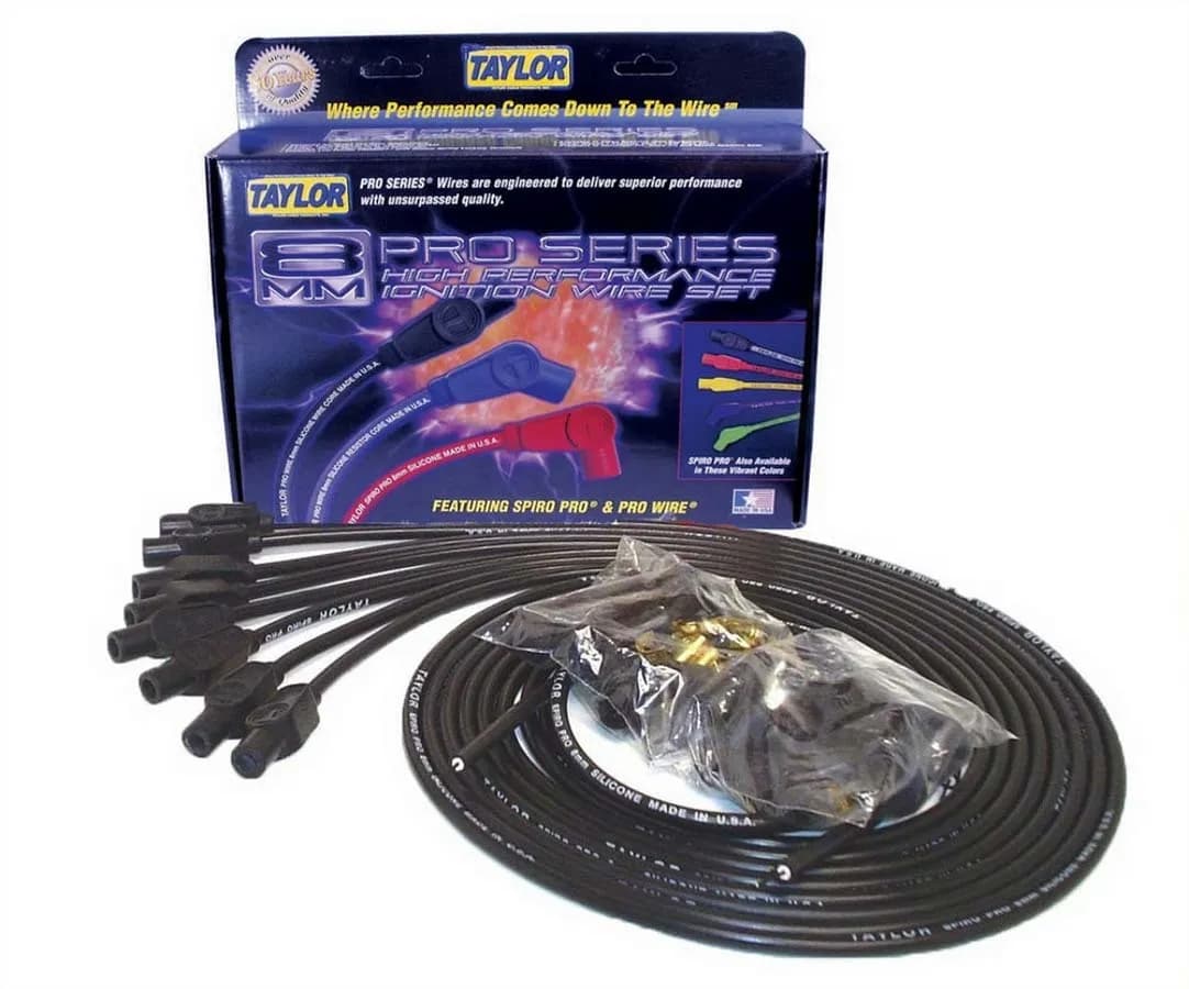 Taylor Cable Universal 8mm Spiro-Pro Spark Plug Wire Set - 8 Cylinders - 180° Spark Plug Boot Angle - Black - 73055