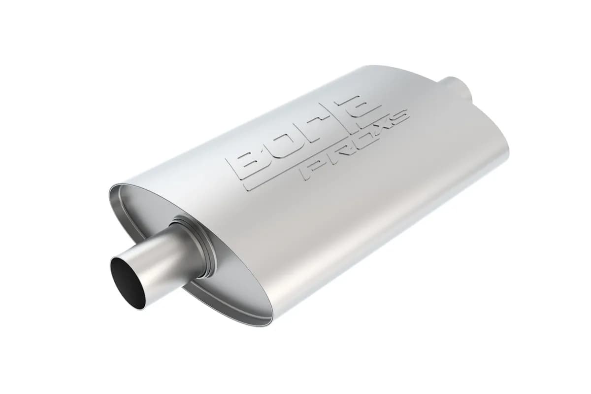 Borla Pro XS Muffler CenterCenter Oval Body 2.25 in. Inlet 2.25 in. Outlet 14 in. x 4 in. x 9.5 in. Body Size 19 in. Overall Length Unnotched T304 Stainless Steel
