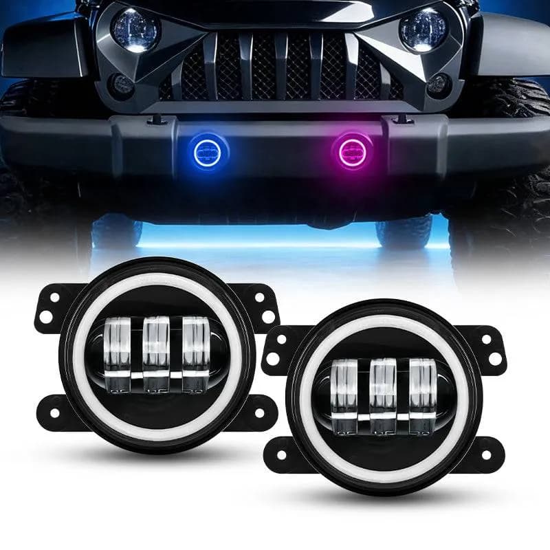 "4"" Bluetooth Cree LED Fog Lights With White & RGB Halo For Jeep JK JL Jt"