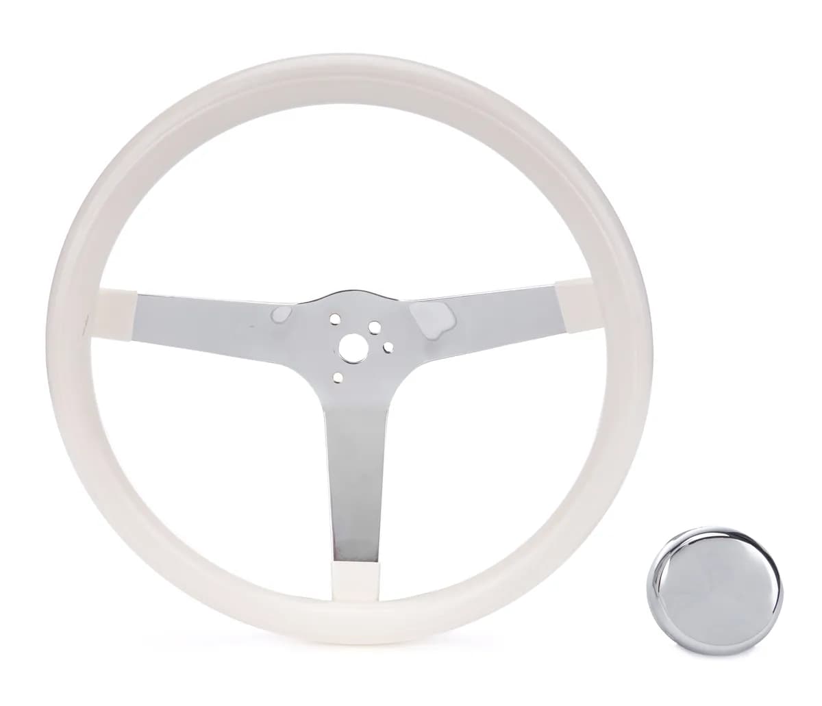 Classic Series Steering Wheel; 13 1/2 in. Diameter; 3 1/2 in. Dish; White Grip; Black Foam Cushion Grip; Chrome 3-Spoke Design;