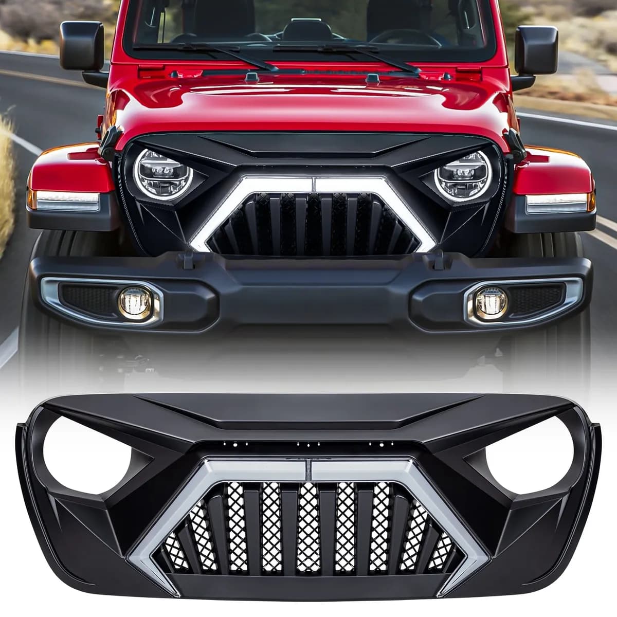 Goliath Grille W/ LED DRL and Turn Signals - Matte Black For 18+ Jeep Wrangler JL & Gladiator JT