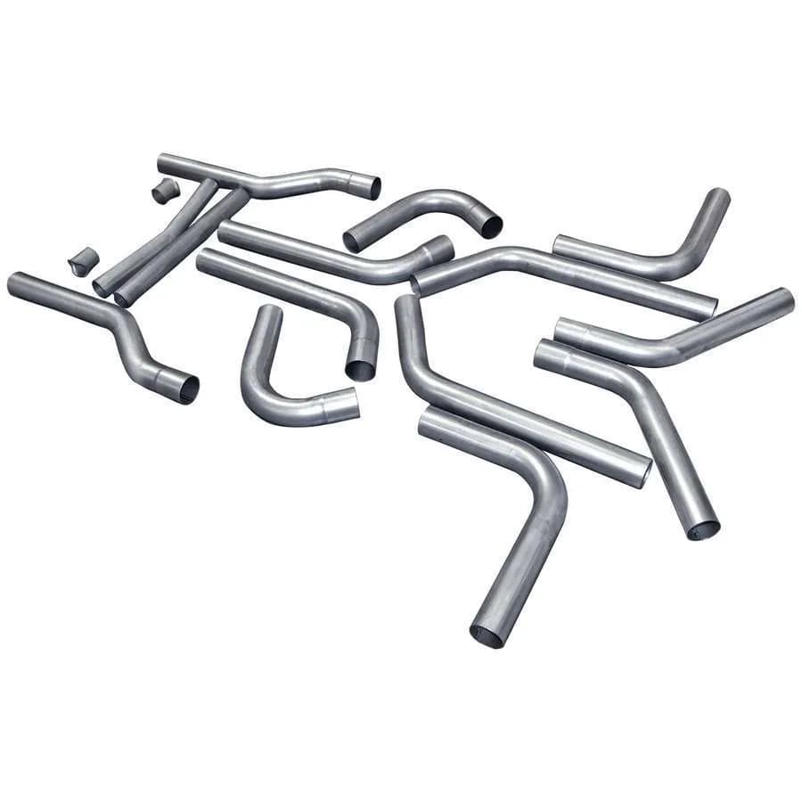 U-Fit Dual Kit, 2.50" 16 pc. Universal Dual Pipe Kit (pipes only), Mandrel Bent Tubing,16 Gauge Aluminized Steel, Slip-Fit Connections