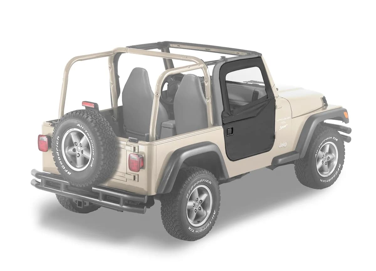 Black Denim Doors, Fabric 2-piece Full Fabric Door Set Jeep 97-06 Wrangler; Fit factory soft top & all Bestop soft tops w/factory door surrounds & door strikers