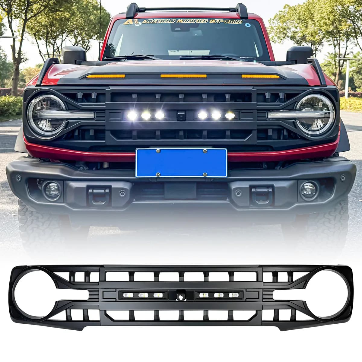 Armor Grille W/ Off-Road Lights & Camera Bracket - Matte Black For 21+ Ford Bronco