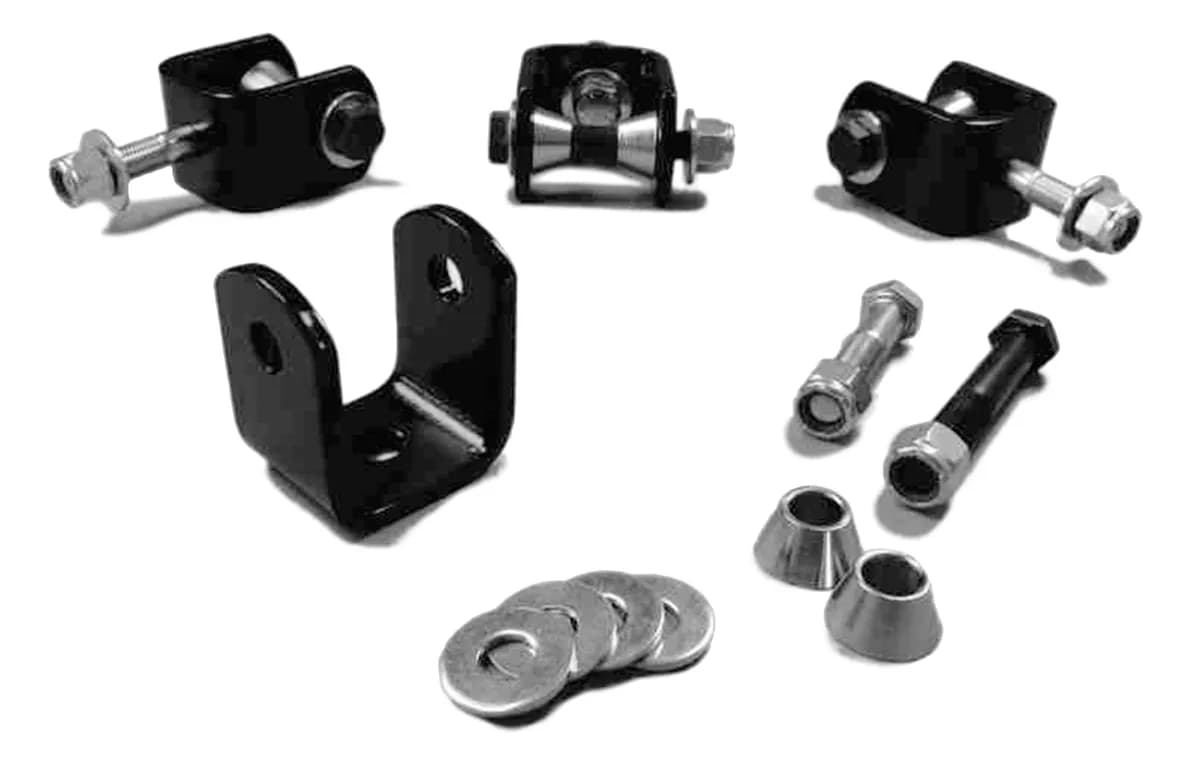 Steinjäger Drop Clevis Kits (Without End Links) Sway Bar End Links 3/8 Bore Clevises are Chrome Plated Includes Misalignment Spacers Includes 4 Clevises