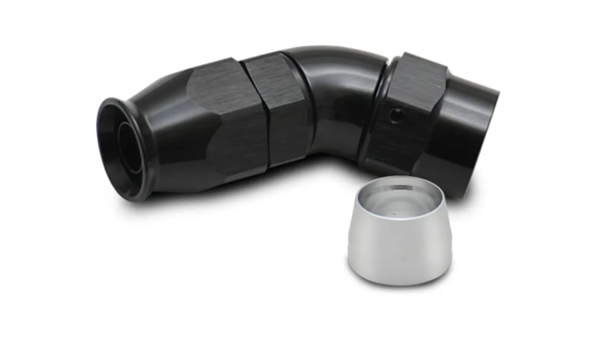 45 Degree High Flow Hose End Fitting; -12AN; 6061 Aluminum; Black Anodized; For PTFE Lined Hose;