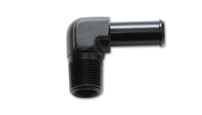 90 Degree NPT To Hose Barb Adapter Fitting; 0.25 in. NPT; 0.375 in. Hose; 6061 Aluminum; Black Anodized; Male;