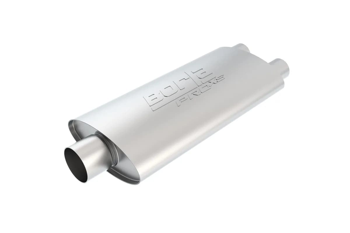 Borla Pro XS Muffler CenterDual Oval Body 3 in. Inlet 2.5 in. Dual Outlet 19 in. x 4 in. x 9.5 in. Body Size 24 in. Overall Length Unnotched T304 Stainless Steel