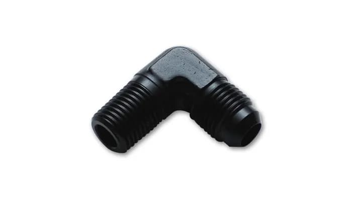 90 Degree AN to NPT Adapter Fitting; -6AN x 0.5 in. NPT; 6061 Aluminum; Black Anodized;