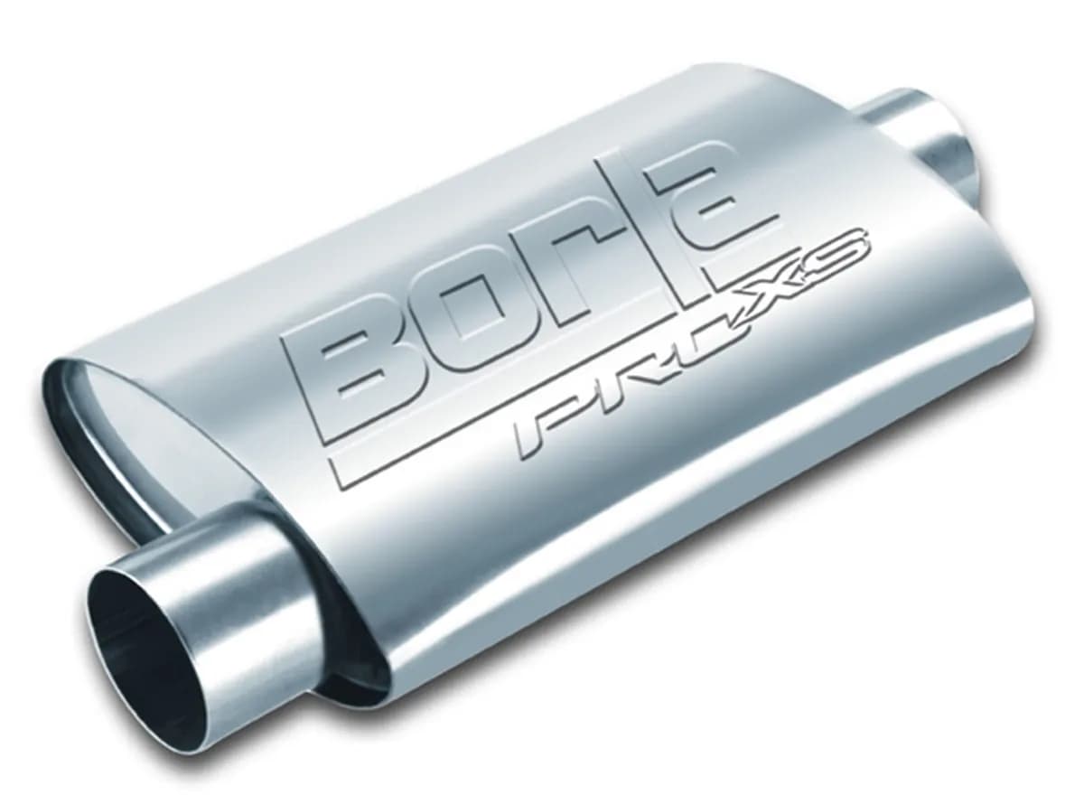 Borla Pro XS Muffler CenterOffset Oval Body 2.25 in. Inlet 2.25 in. Outlet 19 in. x 4 in. x 9.5 in. Body Size 24 in. Overall Length Unnotched T304 Stainless Steel