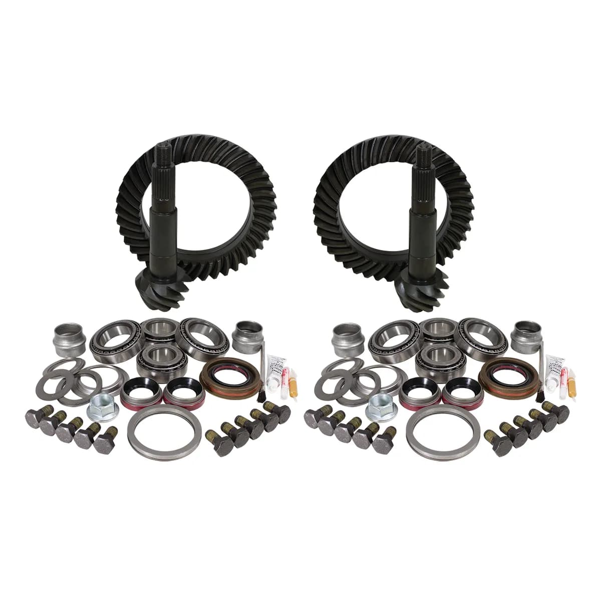 This is a complete package that includes front rear ring pinion sets along with the most complete master overhaul kits on the market