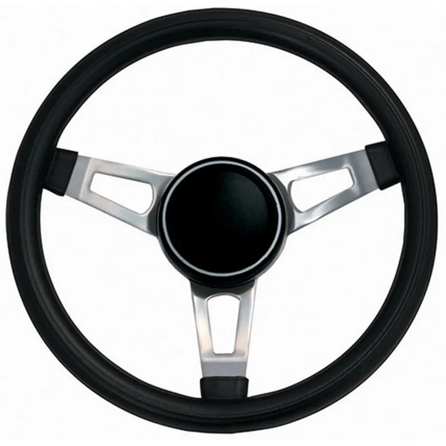 Classic Series Nostalgia Steering Wheel; 15 in. Diameter; 2 1/2 in.; Black Foam Grip; Nickel Plated 3-Spoke Design; Includes Horn Button PN[5699];