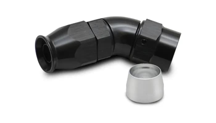 45 Degree High Flow Hose End Fitting; -6AN; 6061 Aluminum; Black Anodized; For PTFE Lined Hose;