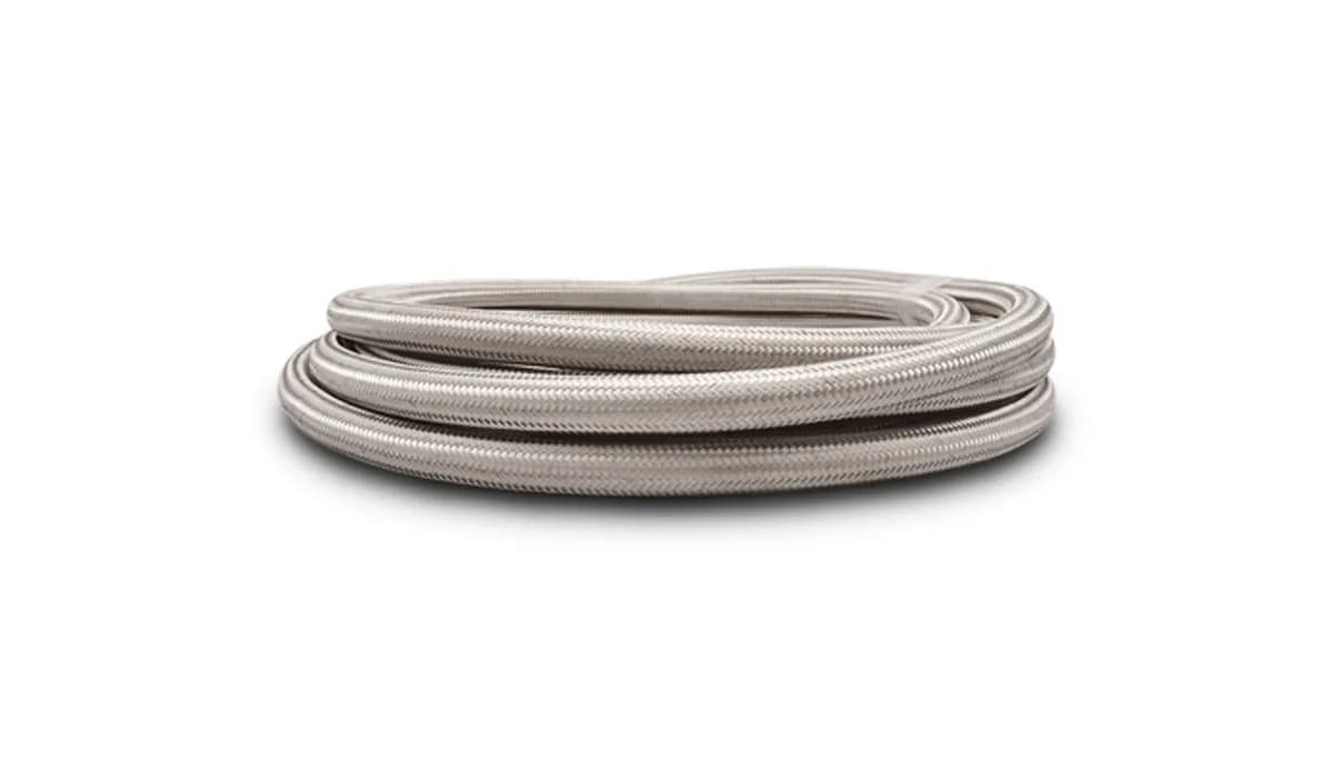 Stainless Steel Braided Flex Hose; -3AN; 0.141 in. Hose ID; 0.25 in. Hose OD; 1.5625 in. BR; 4000 PSI Operating Pressure; 12000 PSI BP; Natural; 10 ft. Roll; w/PTFE Liner;