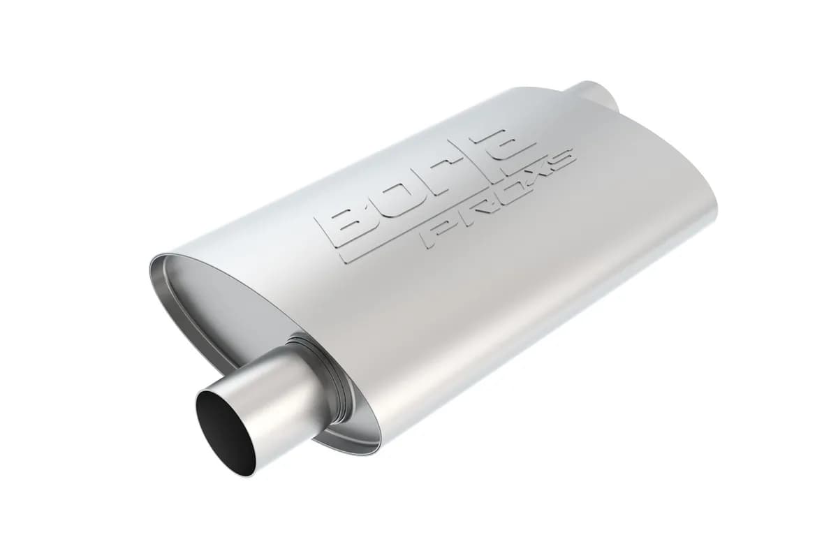 Borla Pro XS Muffler OffsetOffset Oval Body 2.5 in. Inlet 2.5 in. Outlet 14 in. x 4 in. x 9.5 in. Body Size 19 in. Overall Length Unnotched T304 Stainless Steel
