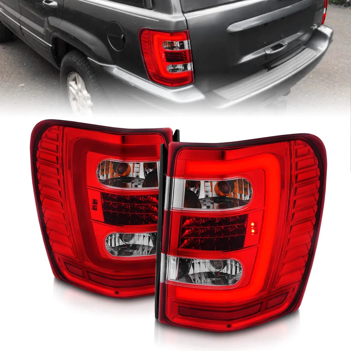 LED Tail Lights w Light Bar Chrome Housing Red Clear Lens Jeep Grand Cherokee 1999-2004
