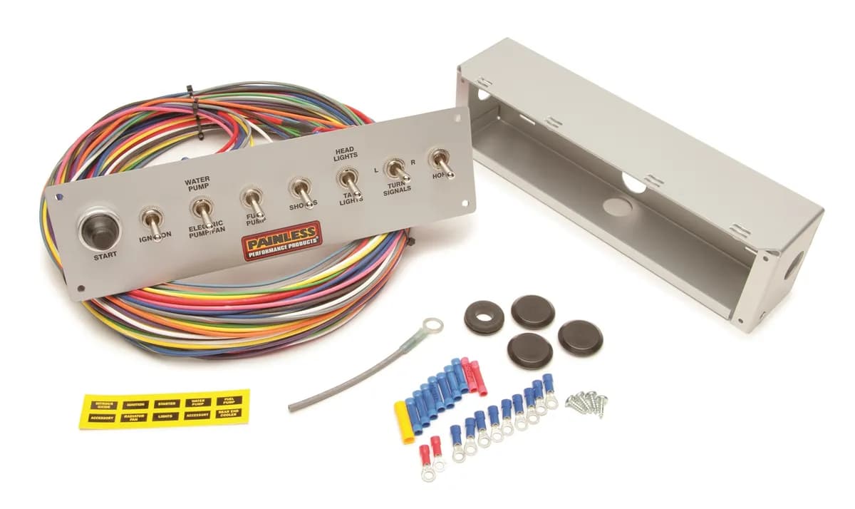 8-Switch Pro Street Panel; Incl. Push Button Start/Toggles For [Ignition/Fuel Pump/Fan/Park/Headlights/Turn Signals/Horn]/Wiring/Connectors/Hardware;