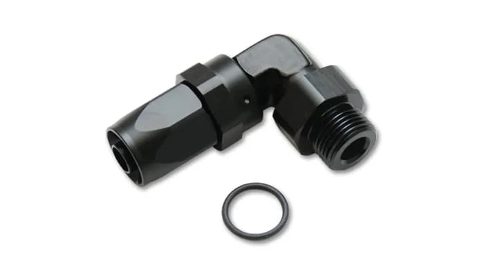 90 Degree Hose End Fitting; -12AN Hose Size; -10 ORB Male Thread Size; 7/8-10 in. Thread; 6061 Aluminum; Black Anodized;