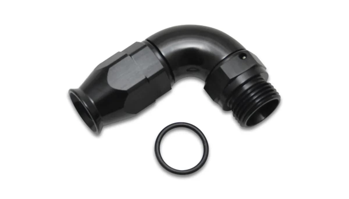 90 Degree Swivel Hose End Fitting; -8AN Hose To 8AN Male ORB; 6061 Aluminum; Black Anodized; High Flow;
