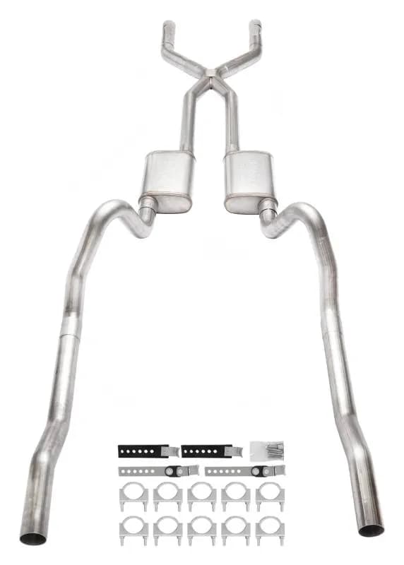 1966-1974 Mopar B-Body 3 Inch Crossmember Back Exhaust System With X-Pipe 409 Stainless With Street Pro Mufflers SMB13S