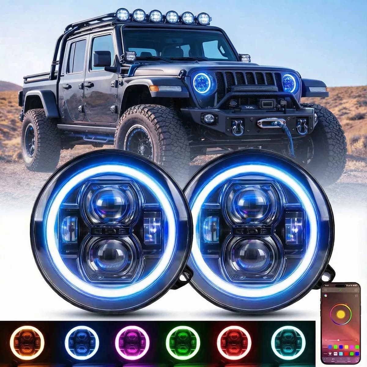 "9"" LED RGB Jeep Headlights with White Halo for 2018-2026 Wrangler JL & Gladiator JT"