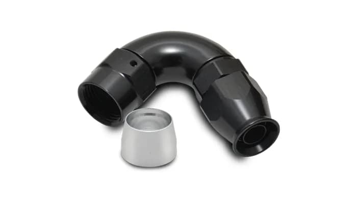 120 Degree High Flow Hose End Fitting; -10AN; 6061 Aluminum; Black Anodized; For PTFE Lined Hose;