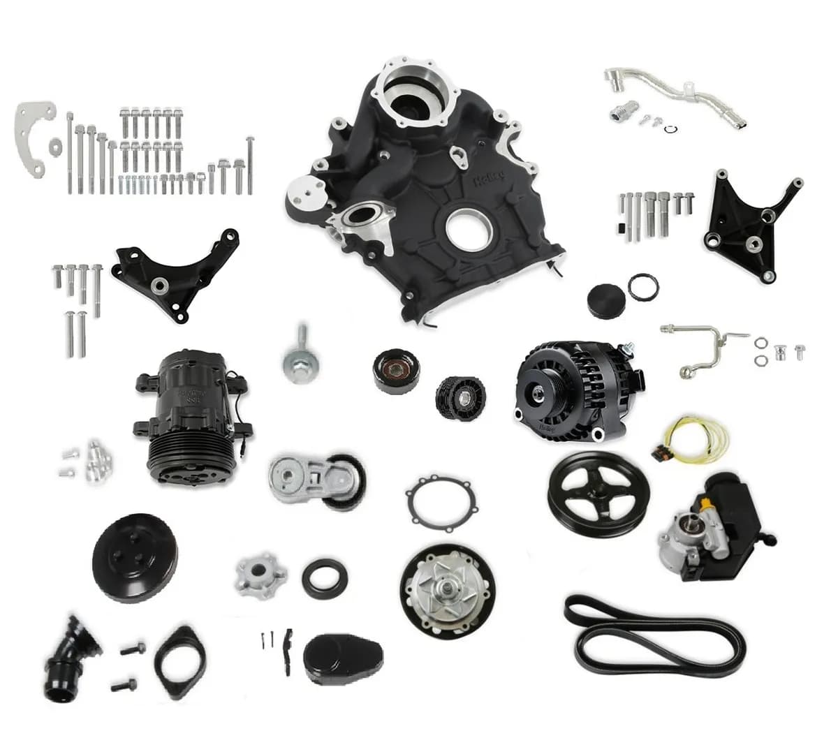 Fits Ford 7.3L Godzilla - Includes Timing Cover/Coolant Manifold, SD7 A/C Compressor, Alternator, P/S Pump, Tensioner, Water Pump, Belt & Pulleys