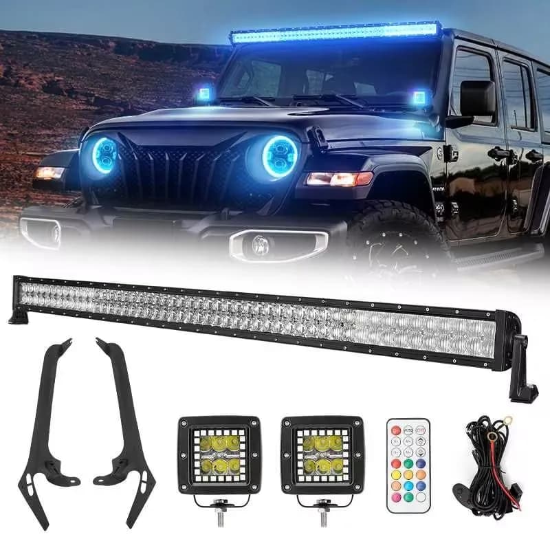"52"" Rgbw LED Light Bar & 2 RGB Pods & All Brackets For Jeep Wrangler JL Jlu And Gladiator Jt"