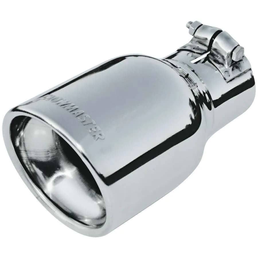 Exhaust Tip, Logo Embossed Polished Stainless, Double Wall Rolled Edge Angle Cut, 4.00" Tip dia. x 2.50" Pipe dia. x 7.50" Length, Clamp On: ea
