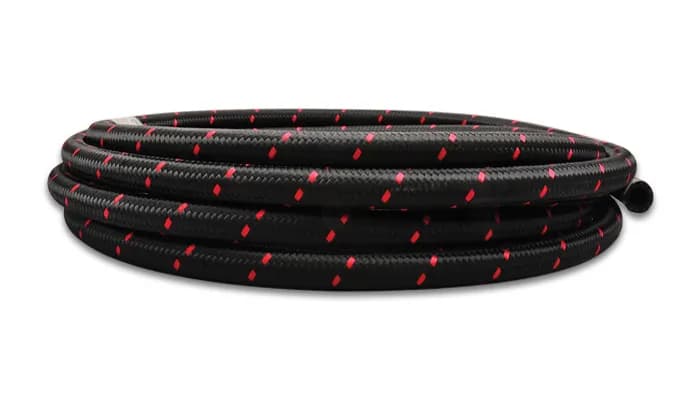 Nylon Braided Flex Hose; -6AN; 0.344 in. Hose ID; 0.5625 in. Hose OD; 500 PSI Operating Pressure; 2000 PSI BP; 20ft. Roll; Black/Red;
