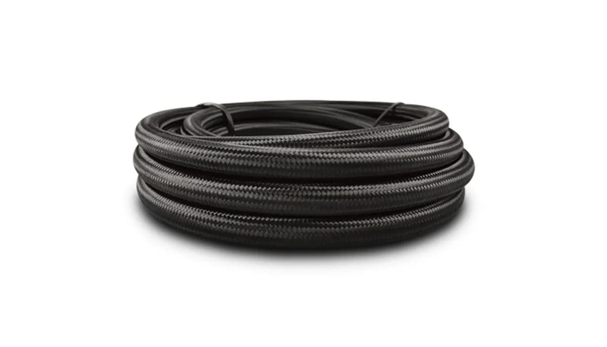 Nylon Braided Flex Hose; -6AN; 0.328 in. Hose ID; 0.4375 in. Hose OD; 3.9375 in. Bend Radius; 3000 PSI Operating Pressure; 10000 PSI BP; 5ft. Roll; Black; w/PTFE Liner;