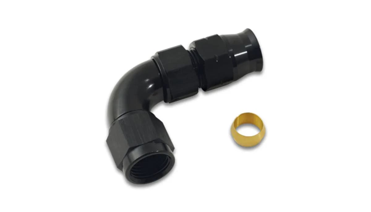 90 Degree Tube to Female AN Adapter Fitting; -6AN; 0.375 in. Tube OD; 6061 Aluminum; Black Anodized;
