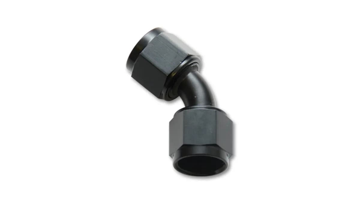 Female 45 Degree Union Adapter Fitting; -20AN x -20AN; 6061 Aluminum; Black Anodized;