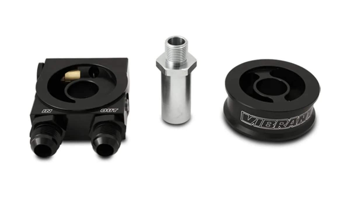 Thermostatic Oil Cooler Adapter; -10AN Inlet/Outlet ID; 6061 Billet Aluminum; Black Anodized; Sandwich Adapter Kit w/Spacer;