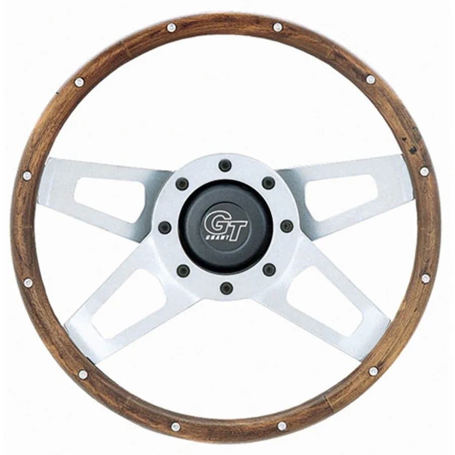 Challenger Steering Wheel; 13 1/2 in. Diameter; 2 1/4 in. Dish; Genuine Hardwood Walnut Finish w/Rivets; Satin Silver Dual Plane Spokes;