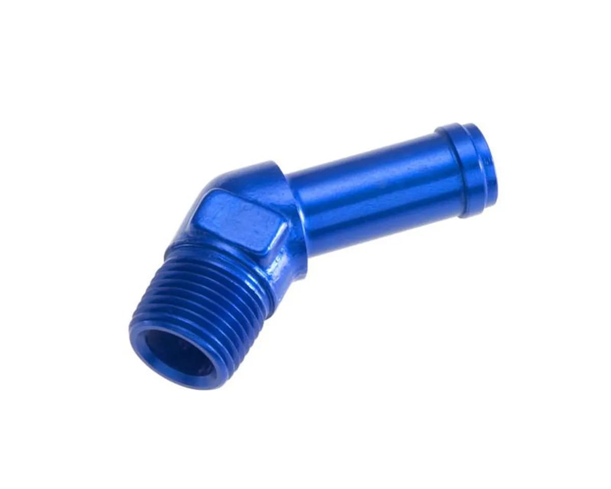 1/4in Hose to 1/8in NPT Male 45Deg Blue