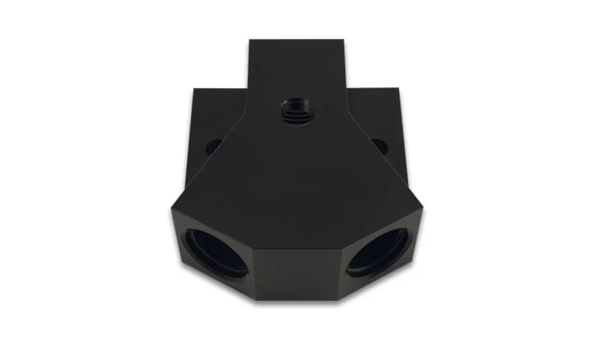 y Block Adapter Fitting; -8an Orb Single Size; -8an Orb Dual Size; 6061 Aluminum; Black Anodized; W/0.125 In. Npt Port;