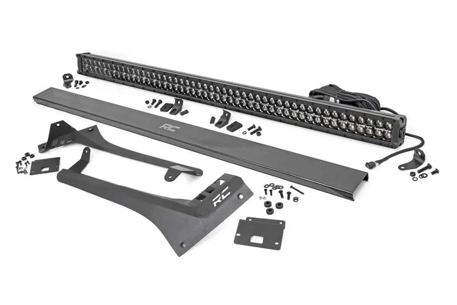 Rough Country Upper Windshield Kit w/ 50in Dual-Row Black Series LED Light Bar - Amber DRL - JT/JL