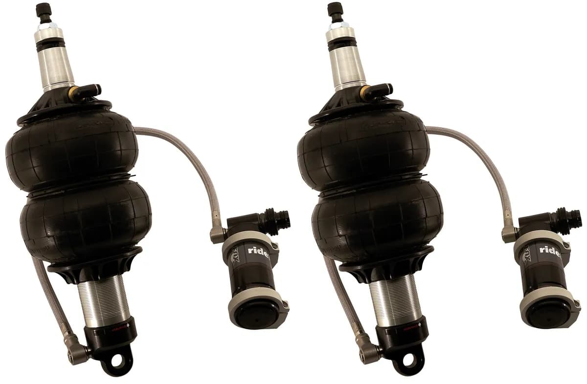 Front TQ Shockwaves 1000 Series W/ 3.6 Inch Stroke, 2 Inch Stud Pair Of Triple Adjustable Shock waves 6.5 Inch Double Convoluted W/ 1/4 Inch Fittings And Bearing Spacers 1/2 Inch And 5/8 Inch 10.3 Inch X 13.3 Inch W/ A 11.75 -12 Inch Ride Height Ridetech