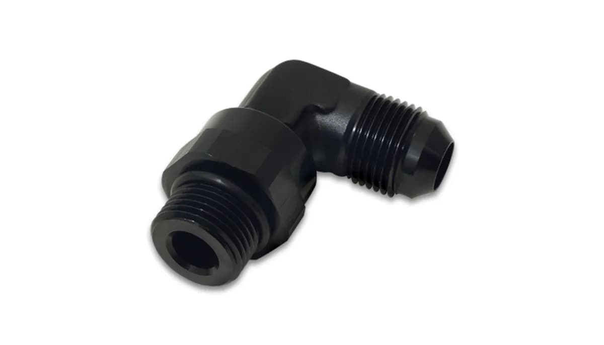 90 Degree Swivel Adapter Fitting; -8AN To -8AN ORB; 6061 Aluminum; Black Anodized;