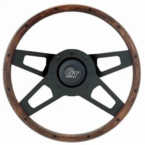 Challenger Steering Wheel; 13 1/2 in. Diameter; 2 1/4 in. Dish; Hardwood Walnut Finish w/Rivets; Black Dual Plane Spoke Design;