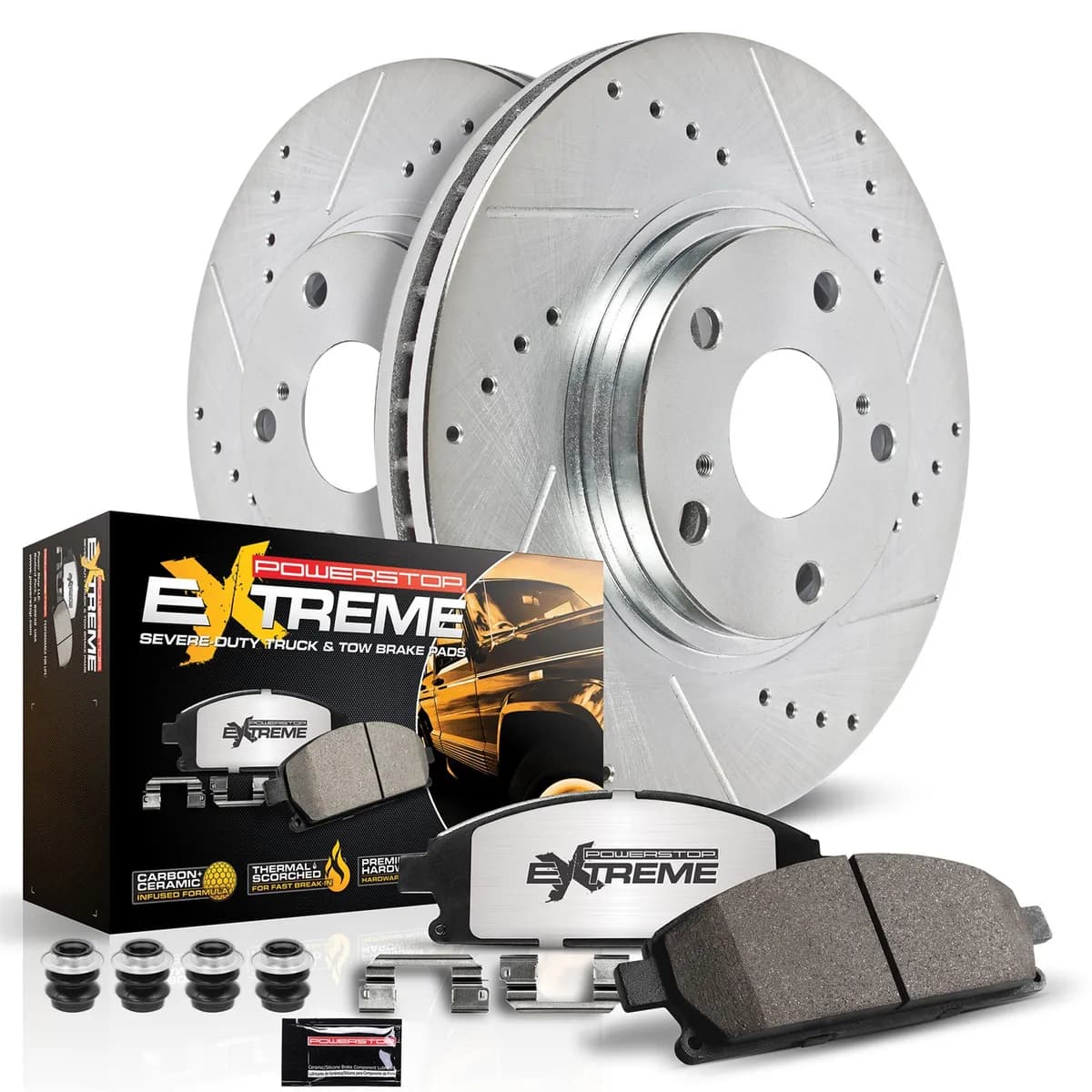 Z36 Truck/Tow Upgrade Kit: Drilled/Slotted Rotors; Carbon-Fiber Ceramic Pads W/Hardware; Pad Sensors