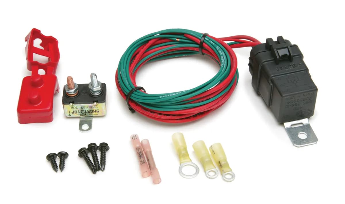 Weatherproof PCM Controlled Fan Relay Kit; Ground Activated; Incl. Relay/Circuit Breaker/Relay Base w/Harness/Heat-Shrinkable Crimp-On Terminals/Mounting Hardware;