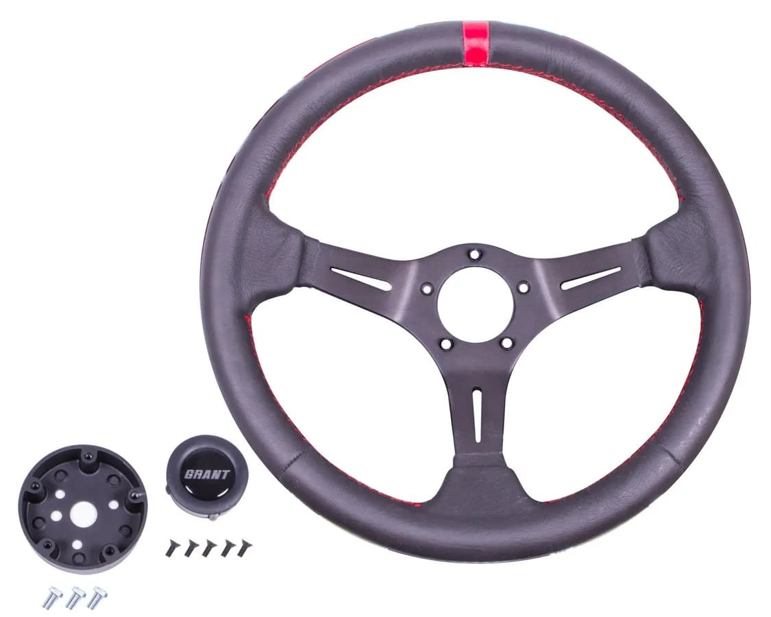 Performance/Race Series Aluminum Steering Wheel; 13.75 in. Diameter; 3 1/2 in. Dish; Premium Leather w/Red Top Marker; Aluminum 3-Spoke Design;
