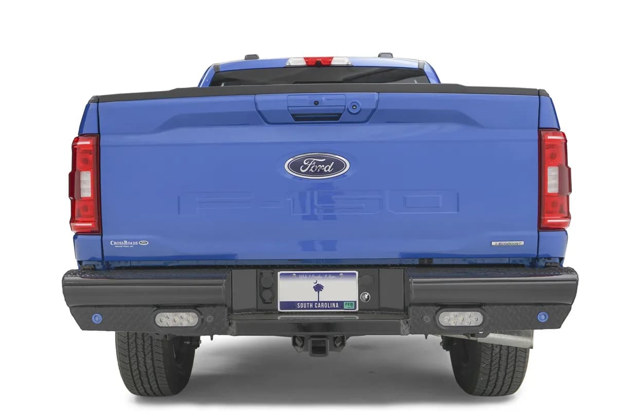 Black Steel Rear Bumper; Sensor Compatible; Incl. Reverse Lights; 14 Gauge Steel; Black Powder Coat; 85 lbs.;