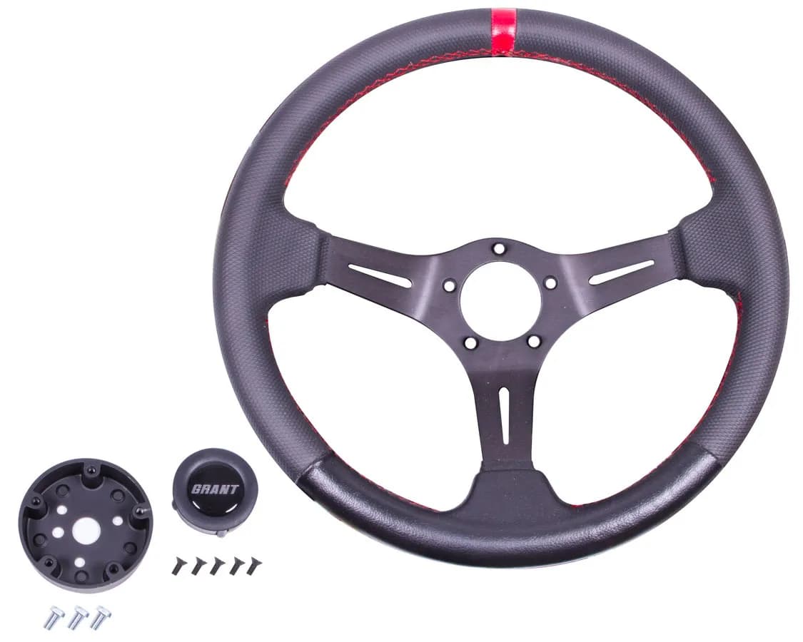 Performance/Race Series Aluminum Steering Wheel; 13.75 in. x 3 1/2 in. Dish; Diamond Texture w/Red Top Marker; Aluminum 3-Spoke Design;