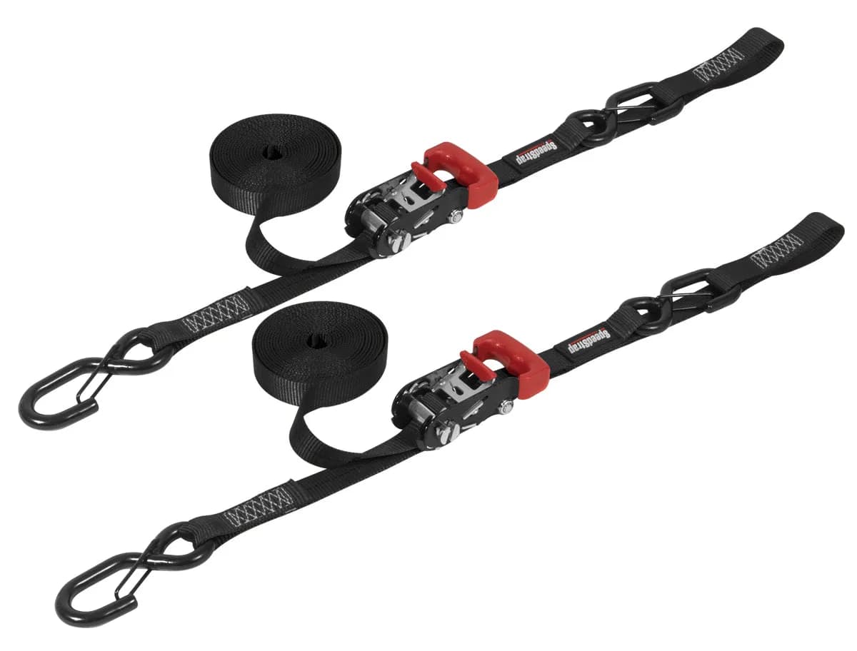 "1"" x 15' Ratchet Tie Down w/ Snap 'S' Hooks and Soft Tie (2 Pack) - Black"