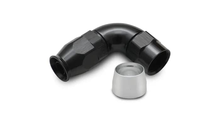 90 Degree High Flow Hose End Fitting; -4AN; 6061 Aluminum; Black Anodized; For PTFE Lined Hose;